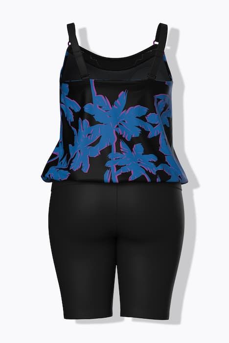 Tankini avec short, motif palmiers, bonnets souples et bretelles ajustables
