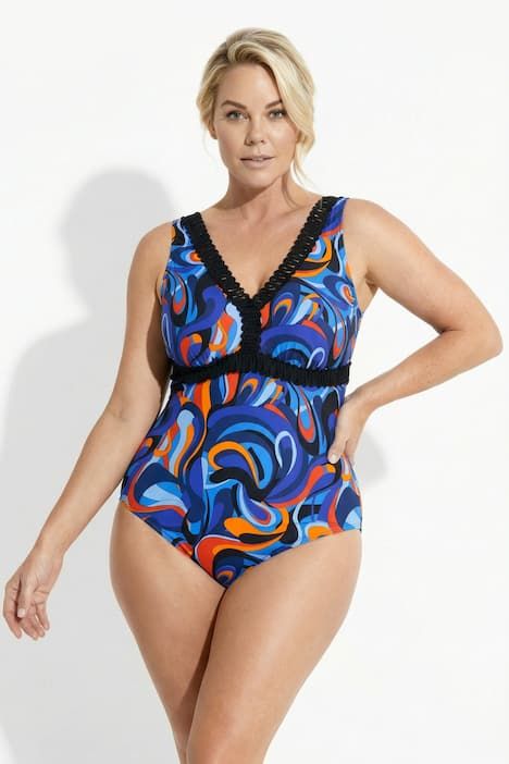 Maillot de bain avec bonnets souples, bordures fantaisie et motif vagues
