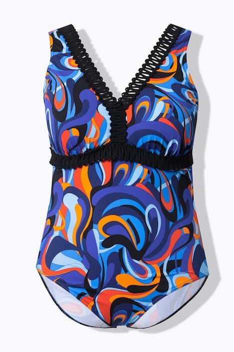 Maillot de bain avec bonnets souples, bordures fantaisie et motif vagues