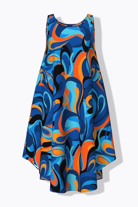 Robe midi sans manches, motif vagues, décolleté rond et coupe évasée