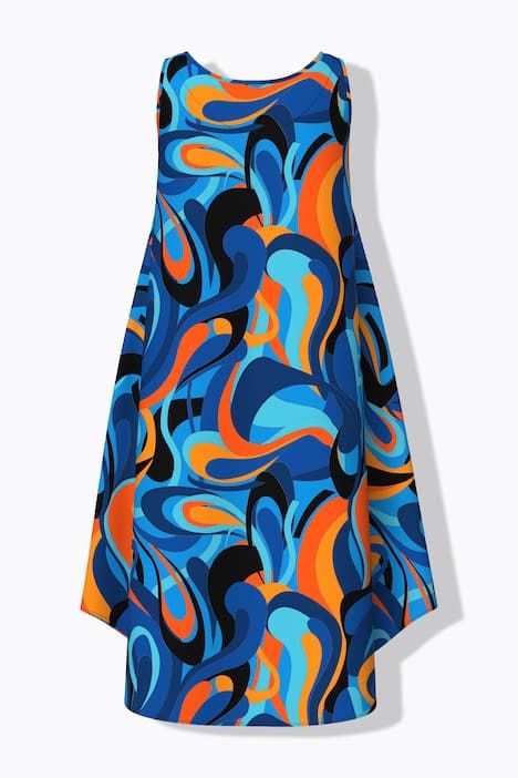 Robe midi sans manches, motif vagues, décolleté rond et coupe évasée