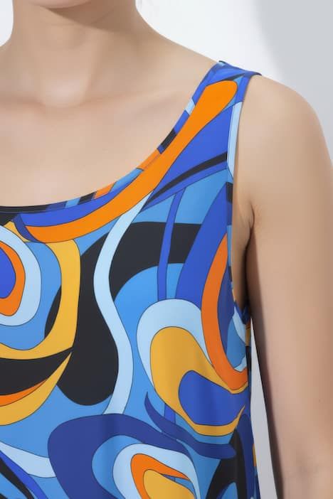 Robe midi sans manches, motif vagues, décolleté rond et coupe évasée