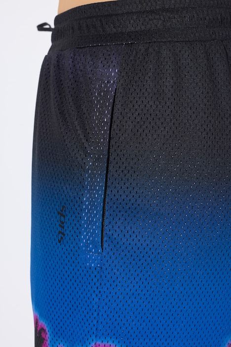 Short technique, jambe large et taille élastique, bordure motif palmiers