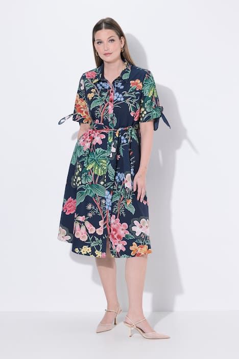 Robe midi à fleurs, manches courtes et col chemise, poches, coupe évasée