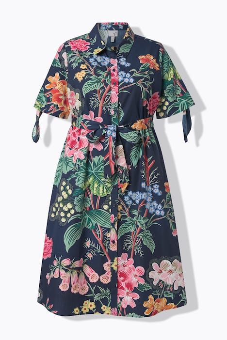 Robe midi à fleurs, manches courtes et col chemise, poches, coupe évasée