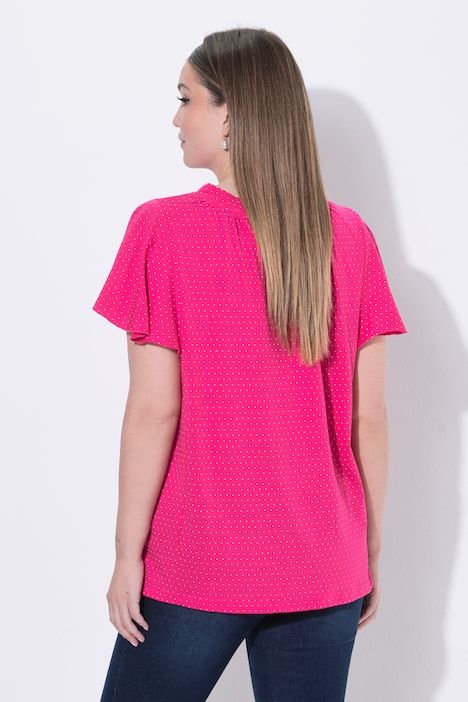 T-shirt à petits pois, décolleté en V et manches courtes chauve-souris, coupe évasée