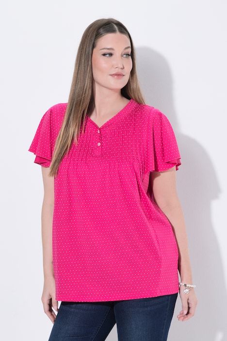 T-shirt à petits pois, décolleté en V et manches courtes chauve-souris, coupe évasée