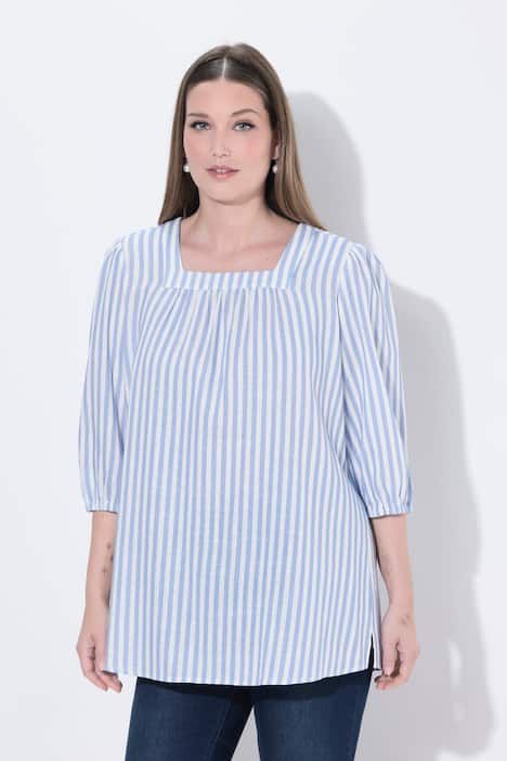 Blouse en lin mélangé à rayures, décolleté carré et manches 3/4