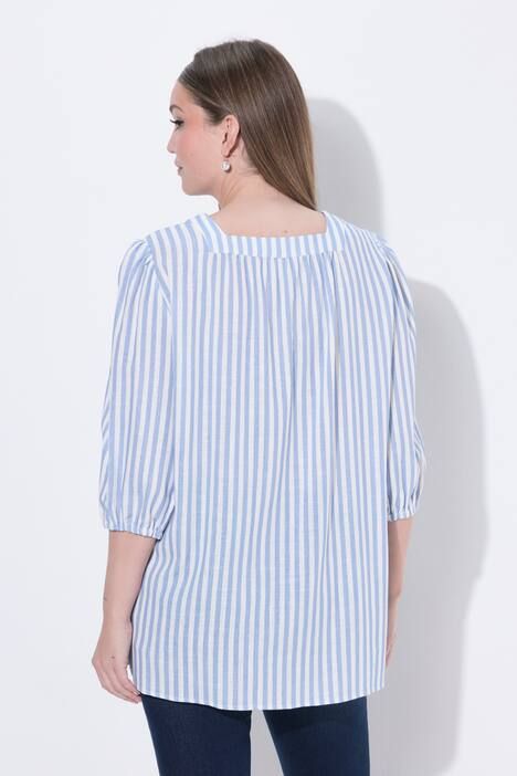 Blouse en lin mélangé à rayures, décolleté carré et manches 3/4