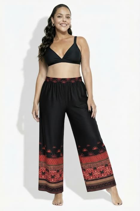 Pantalon palazzo avec bordure, jambe large et taille élastique