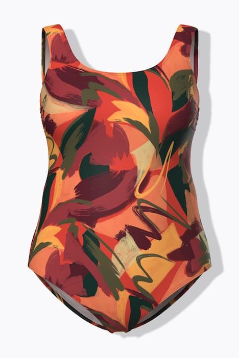 Maillot de bain sans bonnets souples, motif feuilles et décolleté rond
