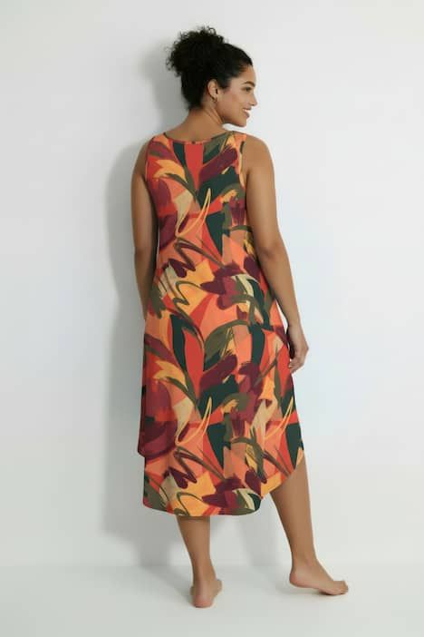 Robe midi sans manches, motif feuilles, décolleté rond et coupe évasée