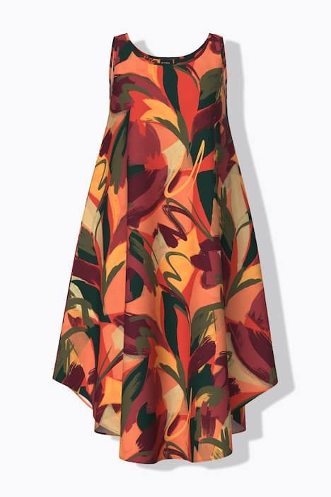 Robe midi sans manches, motif feuilles, décolleté rond et coupe évasée