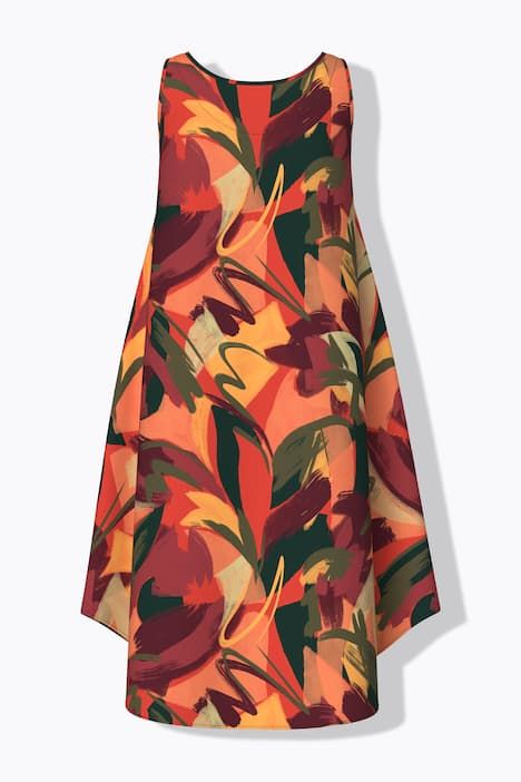 Robe midi sans manches, motif feuilles, décolleté rond et coupe évasée