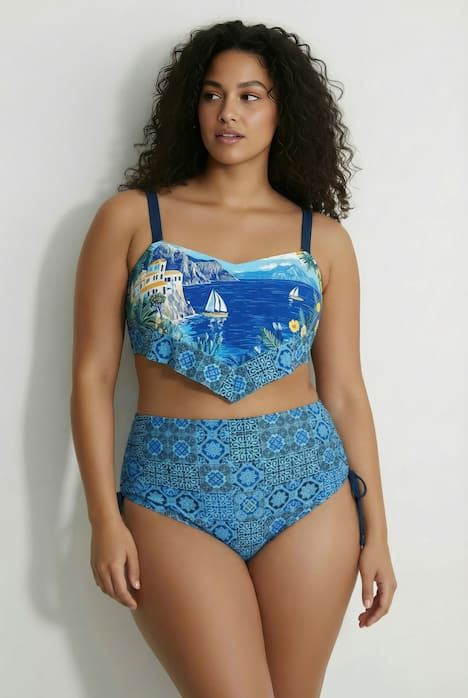 Bikini à bonnets souples, motif vacances au bord de la mer, bretelles ajustables et matière recyclée