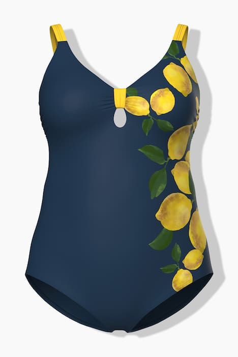 Maillot de bain motif citrons, bonnets souples et découpe « trou de serrure », matière recyclée