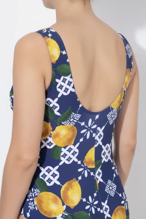 Maillot de bain motif citrons, bonnets souples et anneau fantaisie sur les bretelles, matière recyclée