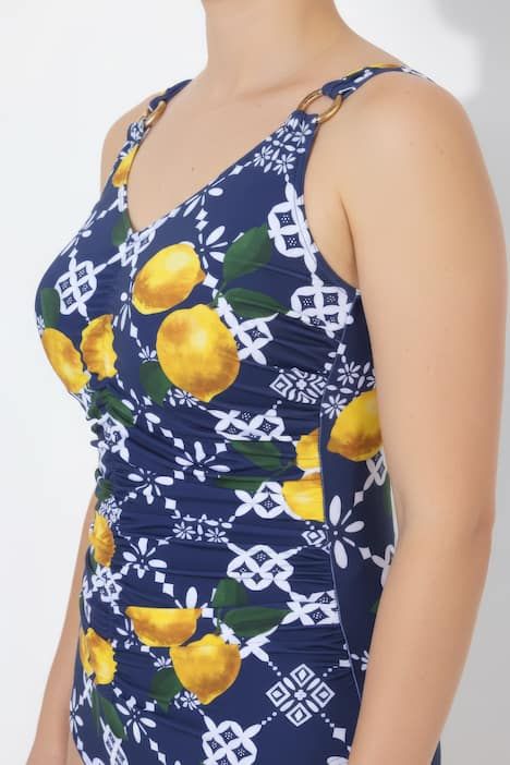 Maillot de bain motif citrons, bonnets souples et anneau fantaisie sur les bretelles, matière recyclée