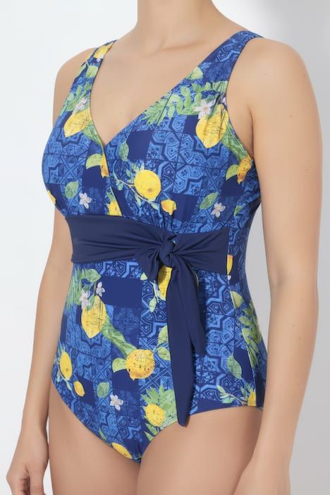 Maillot de bain motif citrons, bonnets souples et ruban à nouer, décolleté en forme de cœur