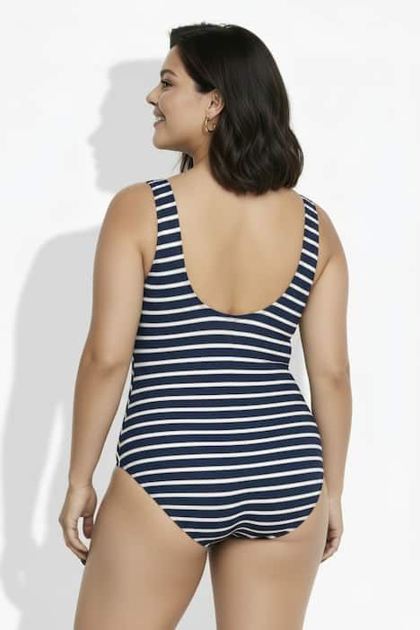 Maillot de bain sans bonnets souples, décolleté rond et motif à rayures