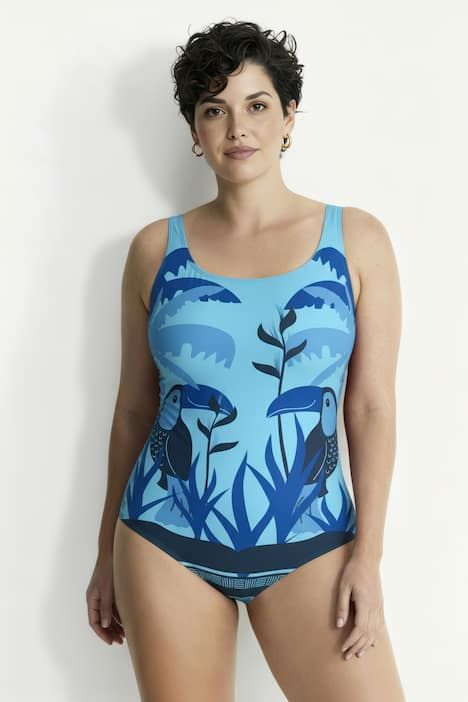 Maillot de bain motif toucans, sans bonnets souples, décolleté rond