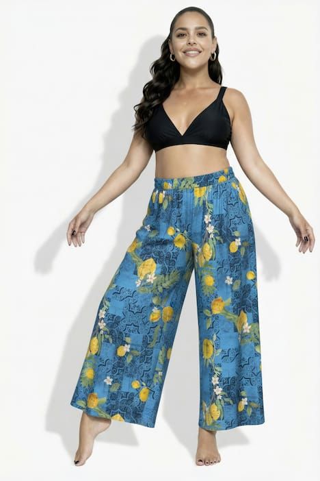 Pantalon palazzo, motif citrons, jambe large et taille élastique