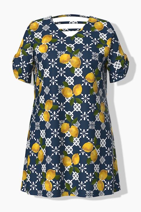 Robe de plage motif citrons, décolleté en V et manches courtes, coupe évasée