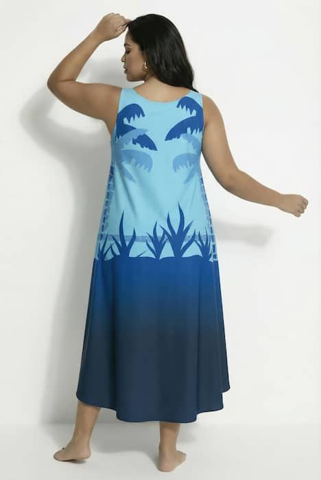 Robe midi sans manches, motif toucans, coupe évasée et décolleté rond