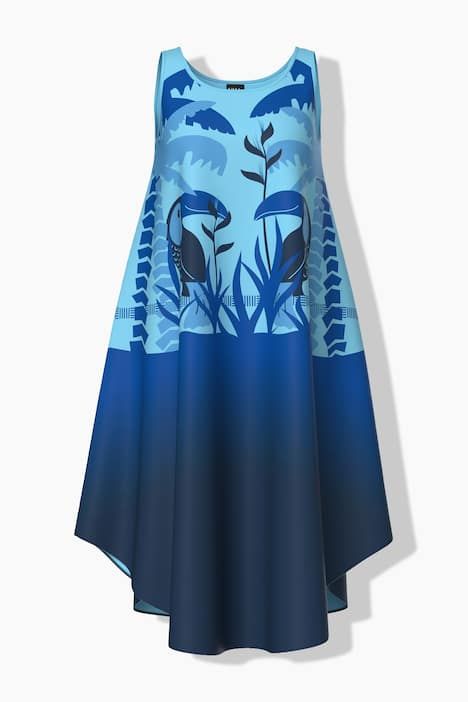 Robe midi sans manches, motif toucans, coupe évasée et décolleté rond