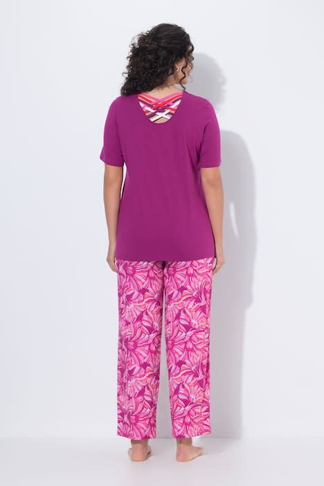 Pyjama, bandes fantaisie, décolleté rond et manches courtes