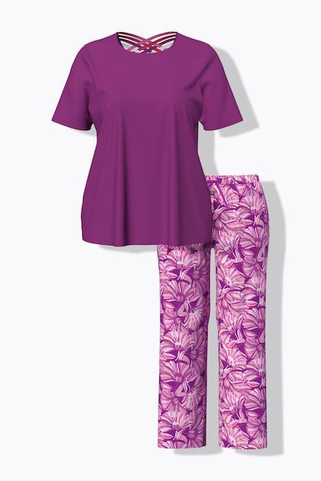 Pyjama, bandes fantaisie, décolleté rond et manches courtes