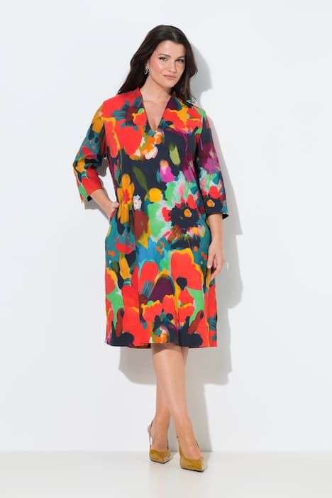 Robe midi en lin mélangé, col calice et manches 3/4, coupe évasée