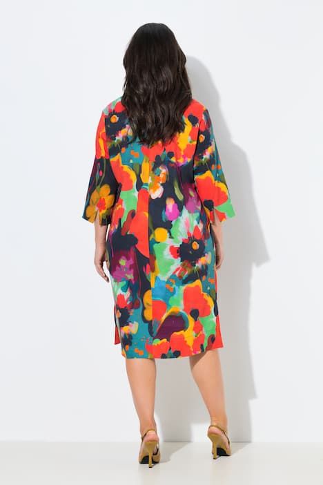 Robe midi en lin mélangé, col calice et manches 3/4, coupe évasée