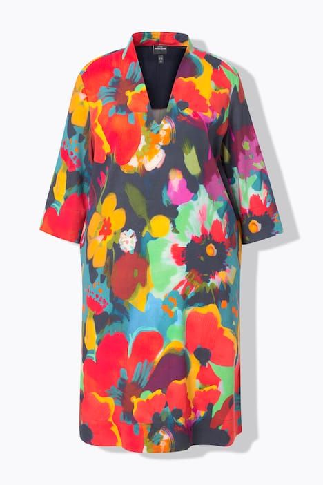 Robe midi en lin mélangé, col calice et manches 3/4, coupe évasée