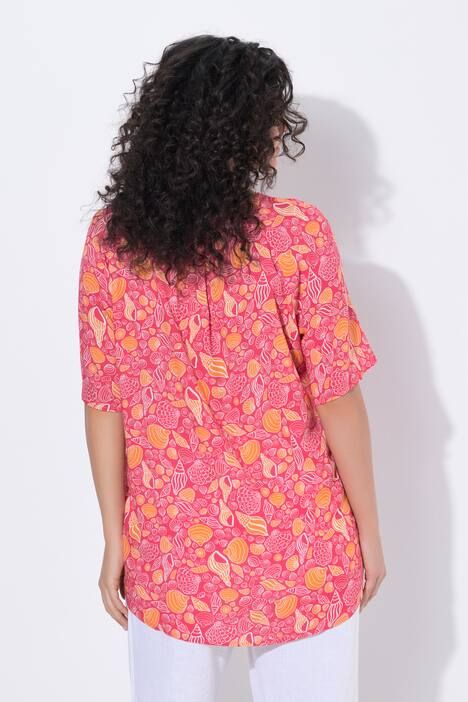 Tunique motif coquillages, manches courtes et col tunisien, coupe évasée