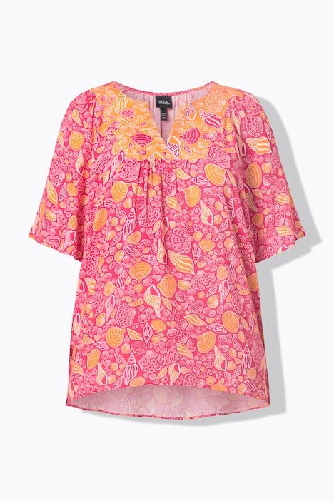 Tunique motif coquillages, manches courtes et col tunisien, coupe évasée