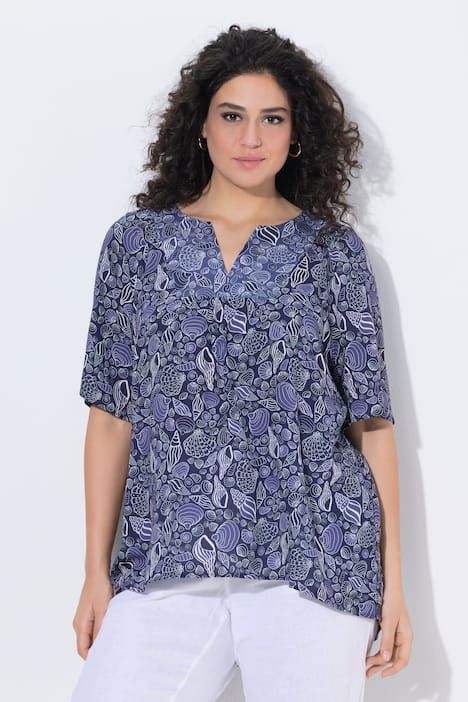 Tunique motif coquillages, manches courtes et col tunisien, coupe évasée