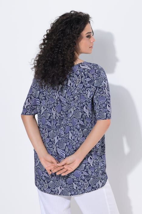 Tunique motif coquillages, manches courtes et col tunisien, coupe évasée