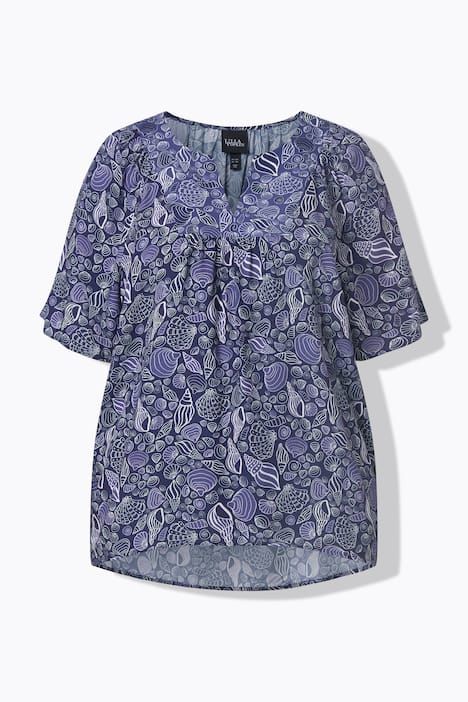 Tunique motif coquillages, manches courtes et col tunisien, coupe évasée