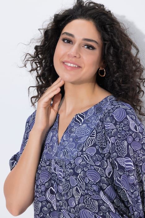 Tunique motif coquillages, manches courtes et col tunisien, coupe évasée