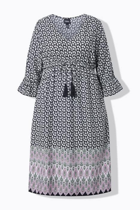 Robe midi coupe évasée, cordon de serrage sous tunnel, décolleté en V et manches 3/4