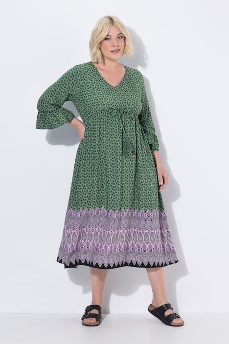 Robe midi coupe évasée, cordon de serrage sous tunnel, décolleté en V et manches 3/4