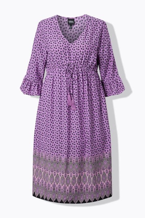 Robe midi coupe évasée, cordon de serrage sous tunnel, décolleté en V et manches 3/4