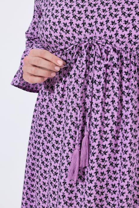 Robe midi coupe évasée, cordon de serrage sous tunnel, décolleté en V et manches 3/4