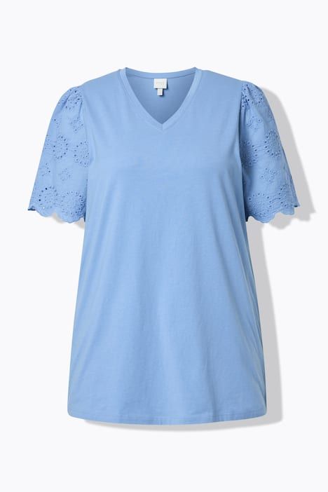 T-shirt en coton bio avec broderies, décolleté en V et manches courtes
