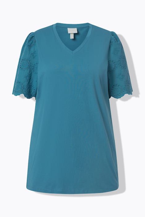 T-shirt en coton bio avec broderies, décolleté en V et manches courtes