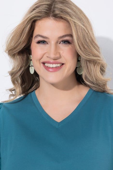 T-shirt en coton bio avec broderies, décolleté en V et manches courtes