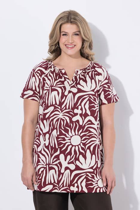 T-shirt motif feuilles, en coton bio, col tunisien et manches évasées