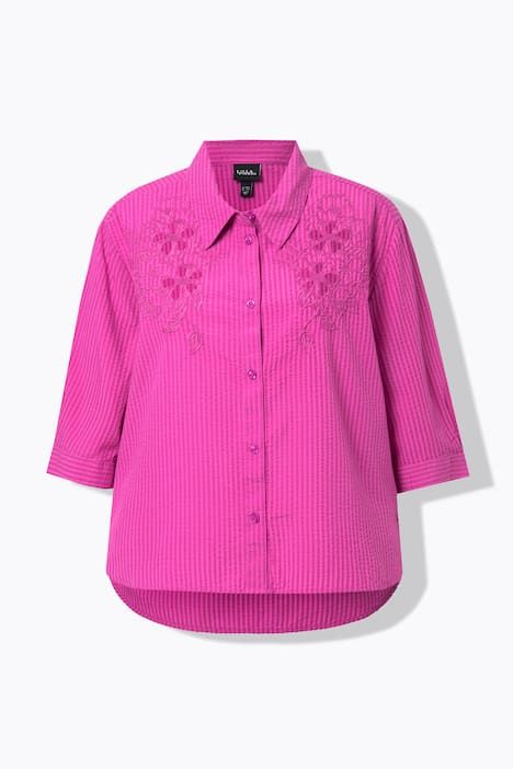 Chemisier en seersucker, broderies, col chemise et manches 3/4