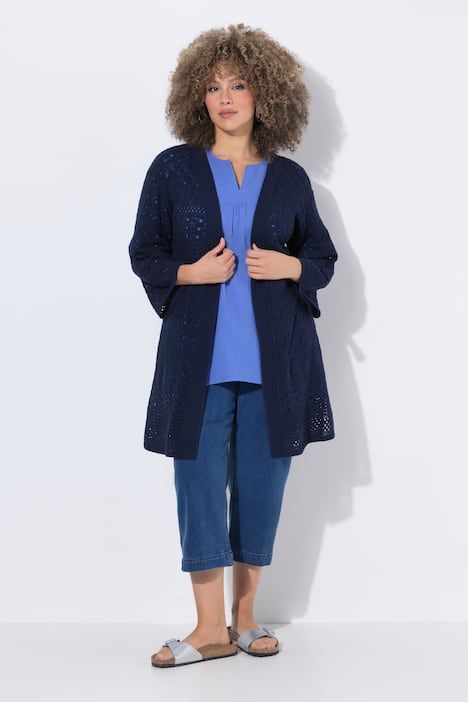 Cardigan long, coupe ouverte et maille ajourée, manches 3/4